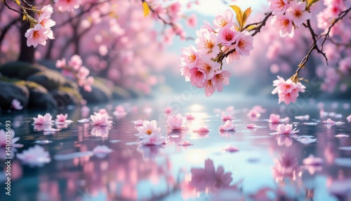Cherry blossom blooming over serene lake nature scene tranquil environment vibrant colors