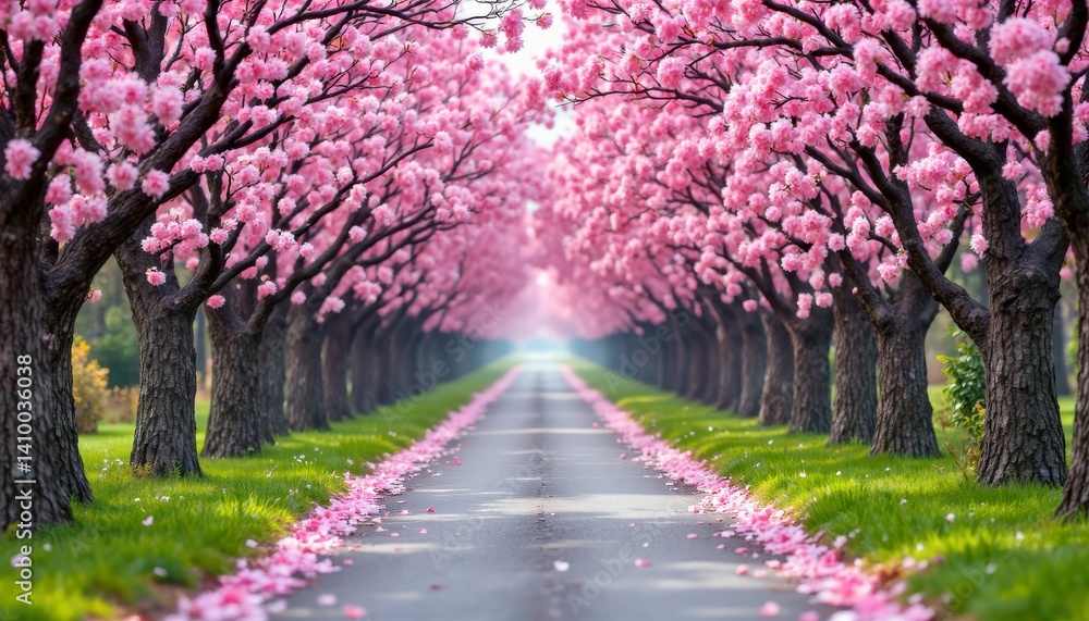 Naklejka premium Cherry blossom festival celebration scenic road nature photography serene environment tranquil viewpoint floral concept