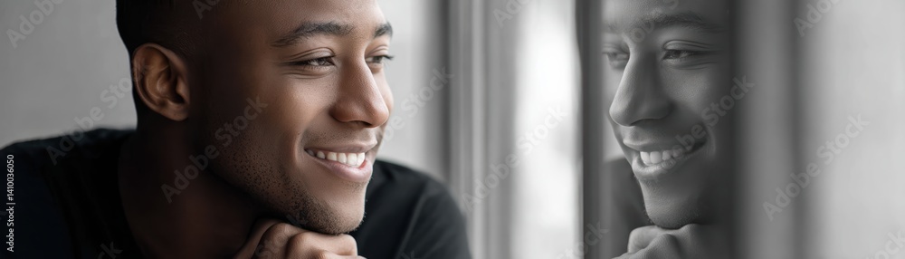 Obraz premium A smiling man gazes out of a window, reflecting a moment of contemplation and joy, captured in a serene and intimate setting.