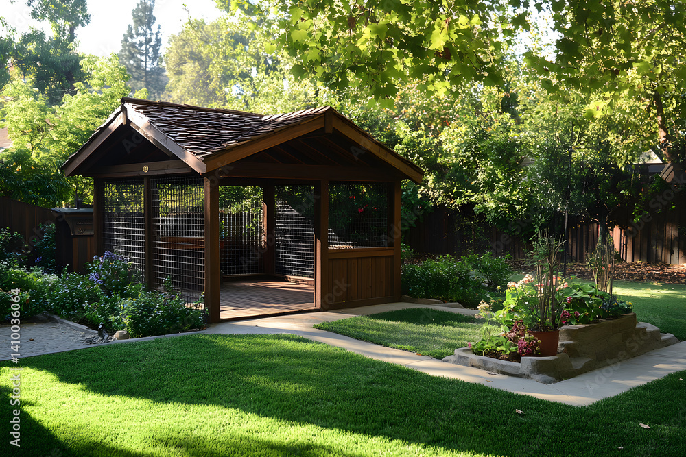 Charming Kennel Exterior with Lush Greenery and Secure Exercise Area for Pets Charming Kennel Exterior with Lush Greenery and Secure Exercise Area for Pets
