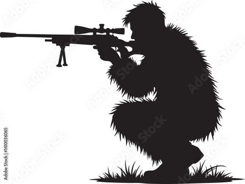 Sniper in Ghillie Suit Silhouette – Tactical Marksman Illustration

Camouflaged Shooter Silhouette – Military Sniper Art

Stealth Marksman in Position – Black and White Sniper Design

