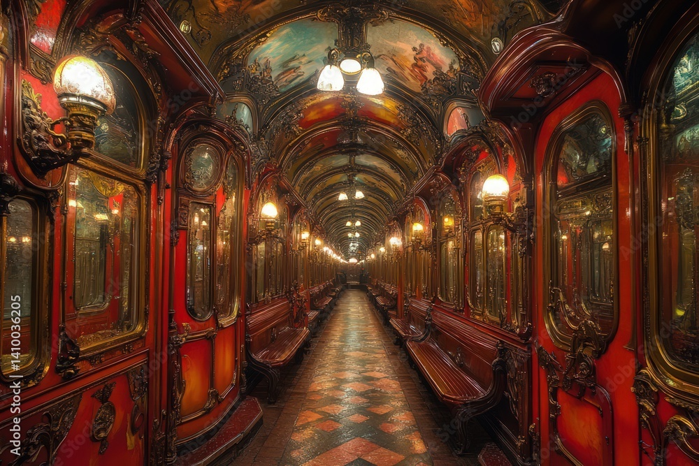 Obraz premium Ornate train interior with red wood panels and ceiling art.