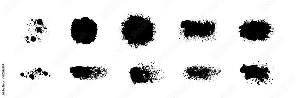 Paint brush, ink splatter, and strokes to place, box for text. Set of ink grunge paintbrush strokes and paint splashes. Artistic textures collection for card, banner, label. Paint brush, ink splatter, and strokes to place, box for text. Set of ink grunge paintbrush strokes and paint splashes. Artistic textures collection for card, banner, label.