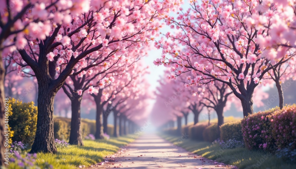 Fototapeta premium Blossoming cherry trees scenic park nature photography vibrant spring serene pathway beauty of nature
