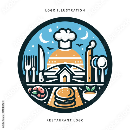 A stylish logo featuring a fork and spoon with warm, inviting colors that reflect delicious cuisine and a welcoming dining experience.