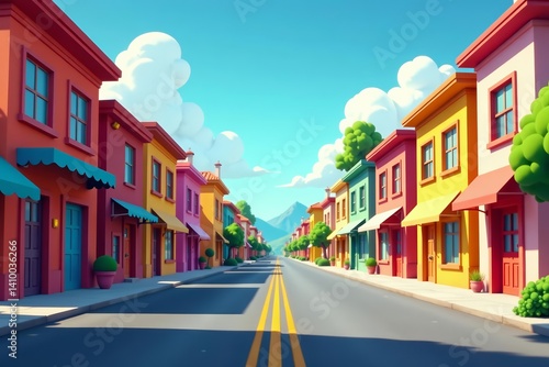 Colorful cartoon street with diverse buildings, urban, illustration
