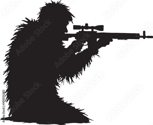 Sniper in Ghillie Suit Silhouette – Tactical Marksman Illustration

Camouflaged Shooter Silhouette – Military Sniper Art

Stealth Marksman in Position – Black and White Sniper Design

