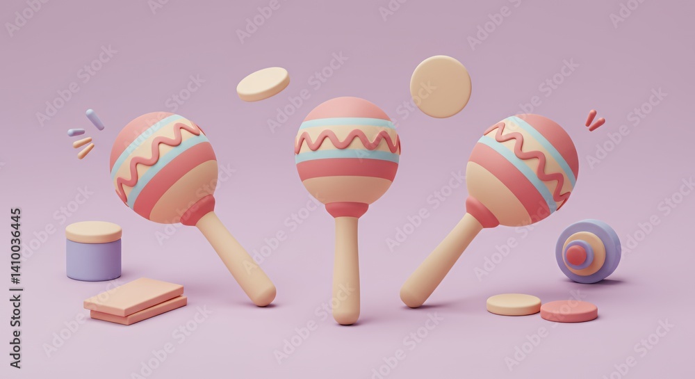 Pastel 3D Isometric Cartoon Maracas with Geometric Shapes Pastel 3D Isometric Cartoon Maracas with Geometric Shapes