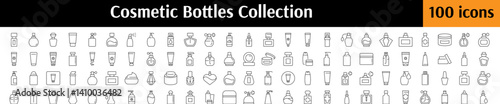 Collection of Cosmetic Bottles Related Line Icons. Perfume, Cream, Shampoo, Gel Outline Signs for Graphic and Web Design, Apps, Adverts, Various Cards