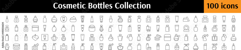 Set of Cosmetic Bottles Related Line Icons. Perfume, Cream, Shampoo, Gel Outline Signs for Graphic and Web Design, Apps, Adverts, Various Cards Set of Cosmetic Bottles Related Line Icons. Perfume, Cream, Shampoo, Gel Outline Signs for Graphic and Web Design, Apps, Adverts, Various Cards