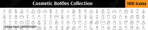 Set of Cosmetic Bottles Related Line Icons. Perfume, Cream, Shampoo, Gel Outline Signs for Graphic and Web Design, Apps, Adverts, Various Cards
