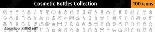 Pack of Cosmetic Bottles Related Line Icons. Perfume, Cream, Shampoo, Gel Outline Signs for Graphic and Web Design, Apps, Adverts, Various Cards