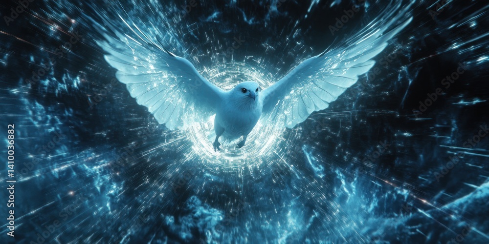 Naklejka premium Celestial Flight: A White Bird Soaring Through a Cosmic Vortex