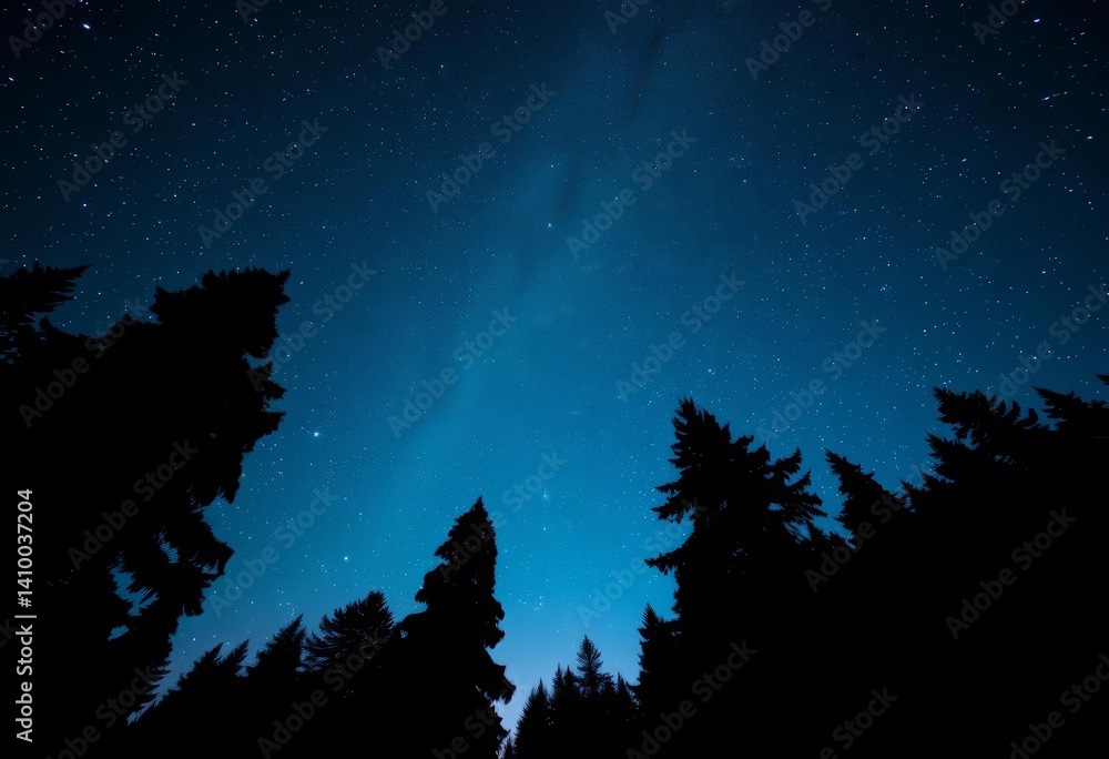 Fototapeta premium Dark silhouettes of trees against a vibrant, star-studded night sky, night sky, branches