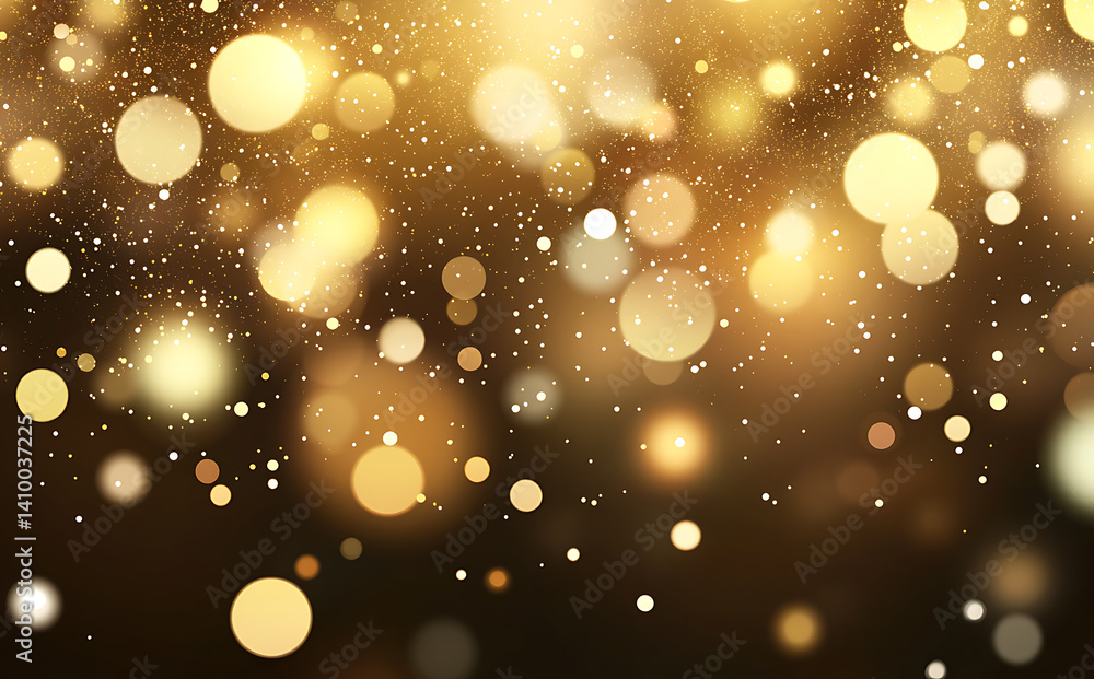 Golden glittering bokeh with sparkling particles on dark background