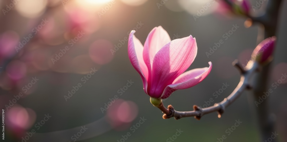 Fototapeta premium Delicate pink magnolia bud on leafless branches, early spring nature, floral beauty, nature, bud