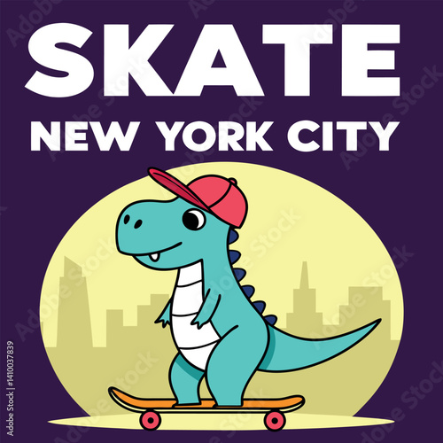 Cute Dinosaur Skateboarder in New York City T-shirt Design for Kids.