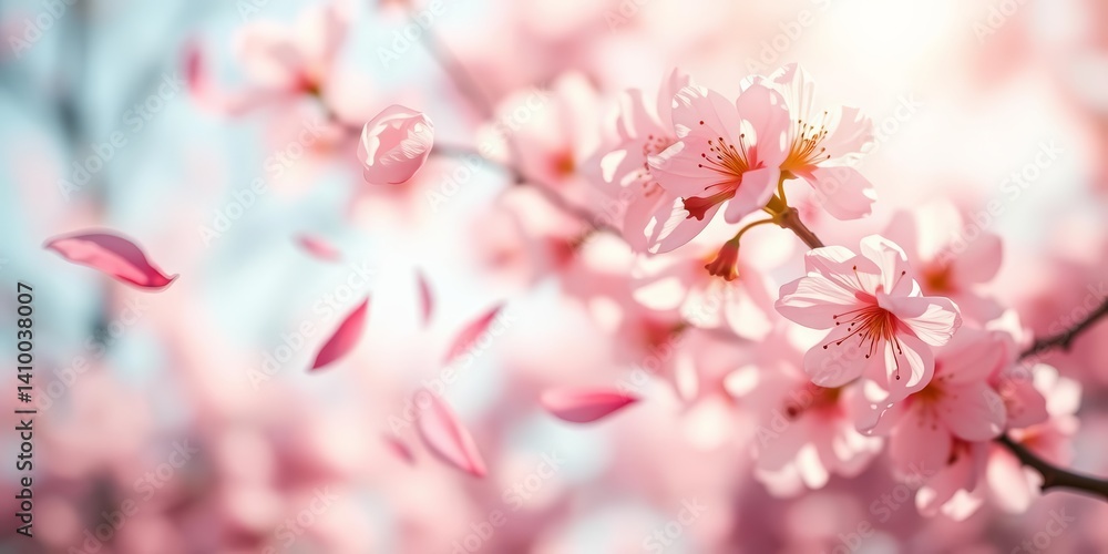 Obraz premium Delicate pink sakura petals swirling in a gentle breeze against a blurred background, peaceful, pink
