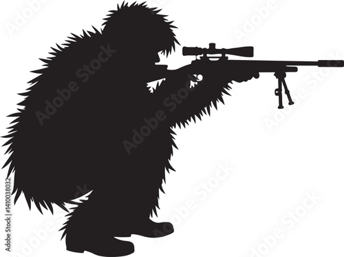 Sniper in Ghillie Suit Silhouette – Tactical Marksman Illustration

Camouflaged Shooter Silhouette – Military Sniper Art

Stealth Marksman in Position – Black and White Sniper Design

