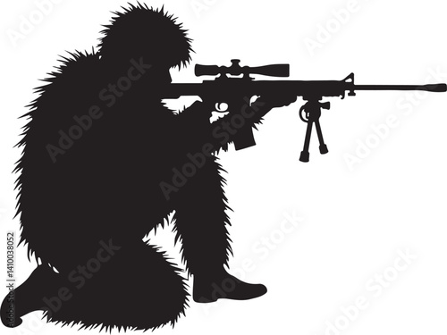Sniper in Ghillie Suit Silhouette – Tactical Marksman Illustration

Camouflaged Shooter Silhouette – Military Sniper Art

Stealth Marksman in Position – Black and White Sniper Design

