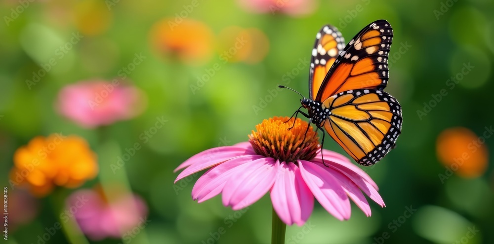 Naklejka premium Colorful image of two monarch butterflies perched on a delicate pink cone flower in a garden, garden, pollination, wildlife