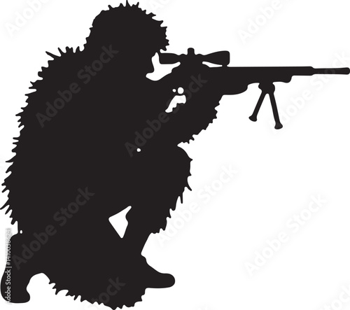 Sniper in Ghillie Suit Silhouette – Tactical Marksman Illustration

Camouflaged Shooter Silhouette – Military Sniper Art

Stealth Marksman in Position – Black and White Sniper Design

