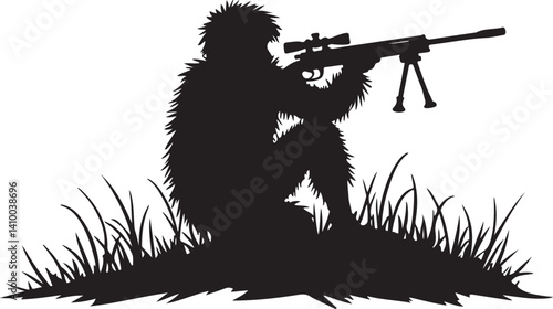 Sniper in Ghillie Suit Silhouette – Tactical Marksman Illustration

Camouflaged Shooter Silhouette – Military Sniper Art

Stealth Marksman in Position – Black and White Sniper Design

