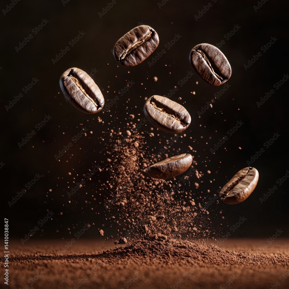Coffee beans flying in the air with coffee powder, commercial photography, background is dark brown, low-angle shot, depth of field, close-up shot Coffee beans flying in the air with coffee powder, commercial photography, background is dark brown, low-angle shot, depth of field, close-up shot