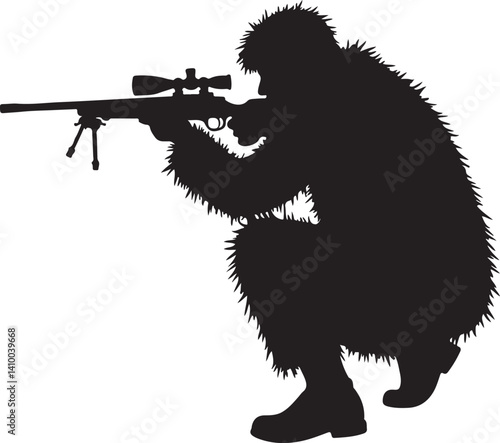 Sniper in Ghillie Suit Silhouette – Tactical Marksman Illustration

Camouflaged Shooter Silhouette – Military Sniper Art

Stealth Marksman in Position – Black and White Sniper Design

