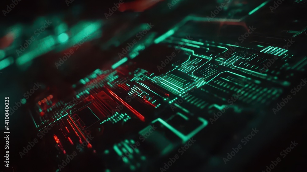 A close-up view of a circuit board illuminated in vibrant green and red lights, showcasing intricate electronic pathways and connections. A close-up view of a circuit board illuminated in vibrant green and red lights, showcasing intricate electronic pathways and connections.