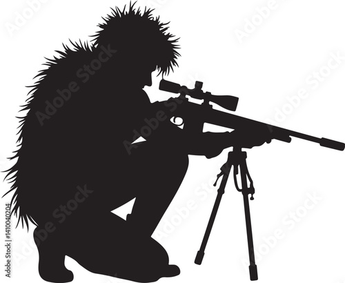 Sniper in Ghillie Suit Silhouette – Tactical Marksman Illustration

Camouflaged Shooter Silhouette – Military Sniper Art

Stealth Marksman in Position – Black and White Sniper Design

