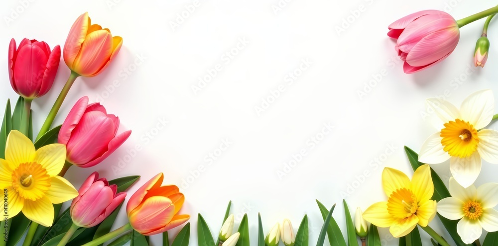 Colorful spring banners with tulips, daisies, and daffodils on a white background, colorful, daisies Colorful spring banners with tulips, daisies, and daffodils on a white background, colorful, daisies