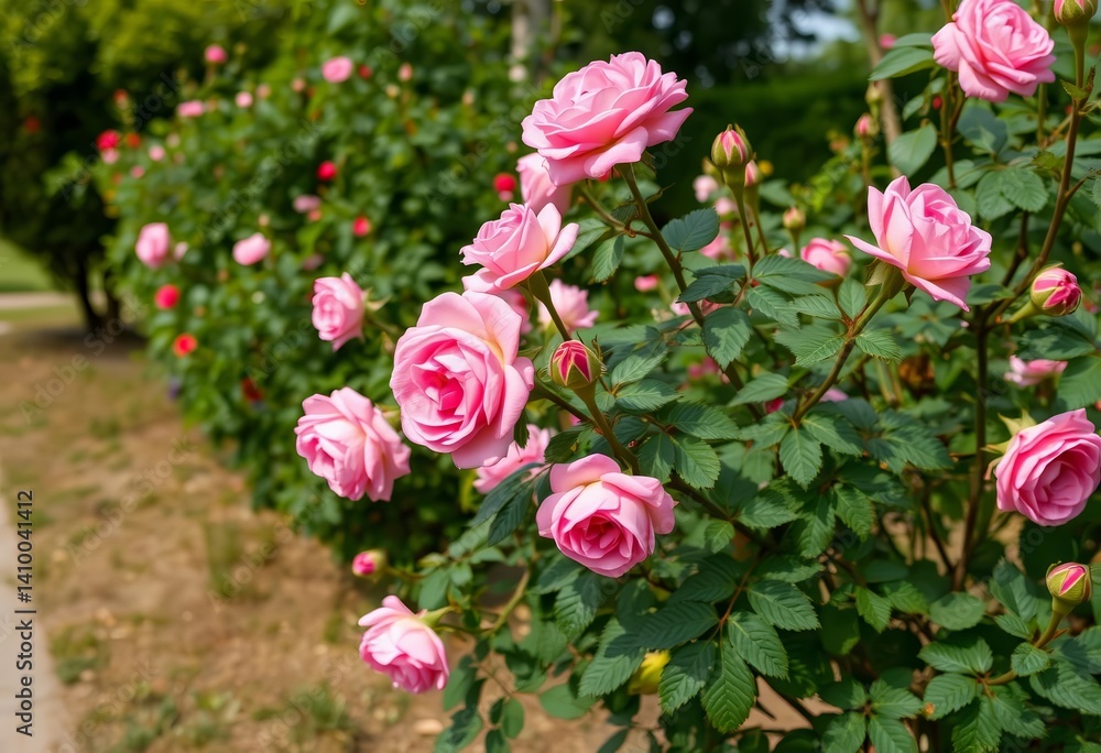 Pink rose bush blooming in Sofia, Bulgaria nature park, summer, bloom Pink rose bush blooming in Sofia, Bulgaria nature park, summer, bloom