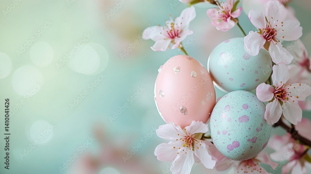 Decorative eggs for Easter hang suspended from a flowering branch in spring Decorative eggs for Easter hang suspended from a flowering branch in spring