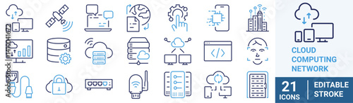 Set of line icons related to cloud computing, cloud services, server, cyber security, digital transformation. Outline icon collection. Editable stroke. Vector illustration