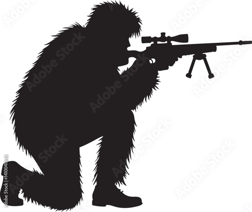 Sniper in Ghillie Suit Silhouette – Tactical Marksman Illustration

Camouflaged Shooter Silhouette – Military Sniper Art

Stealth Marksman in Position – Black and White Sniper Design

