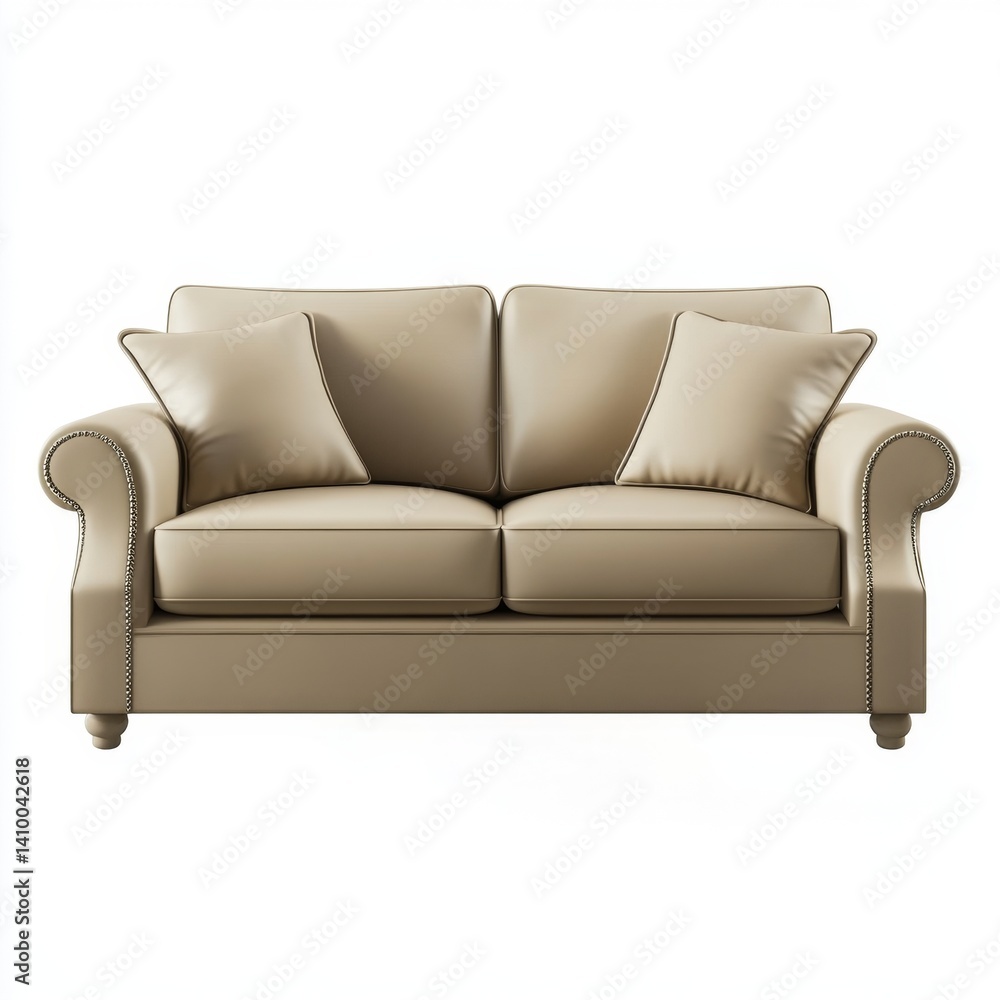 Light beige two-seater sofa with button tufted armrests and padded cushions Light beige two-seater sofa with button tufted armrests and padded cushions