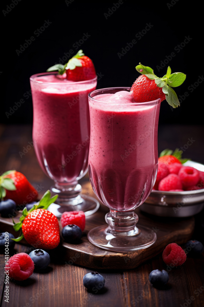 Berry smoothie in glasses in two glasses on dark background with fresh berries in white kitchen Berry smoothie in glasses in two glasses on dark background with fresh berries in white kitchen