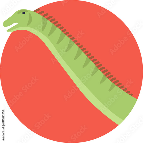 Side view of a long-necked Diplodocus dinosaur with a lengthy tail and small head.