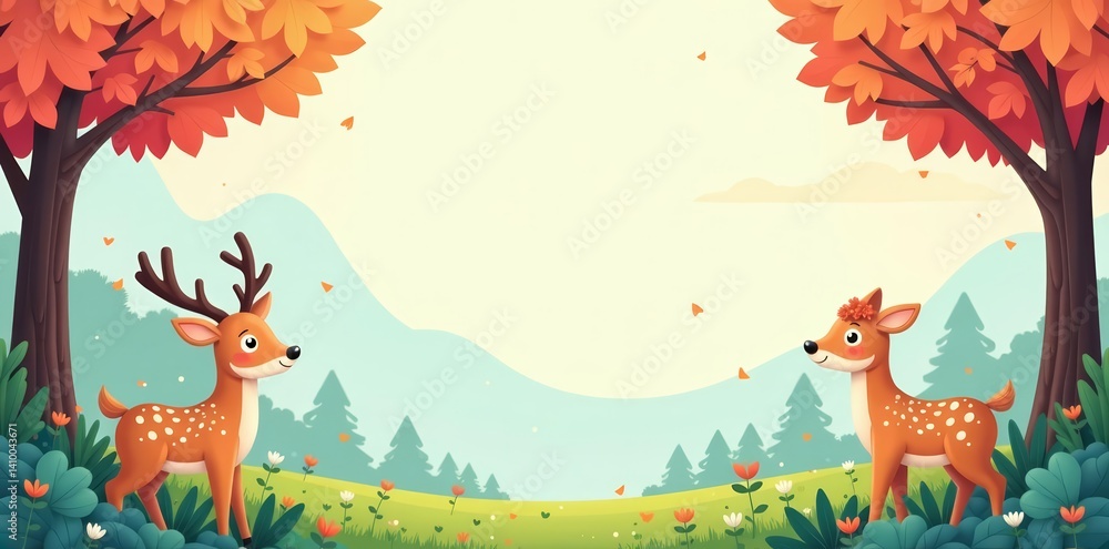 Obraz premium Playful vector background featuring cute deer and tree motifs, seamless, fun, graphic