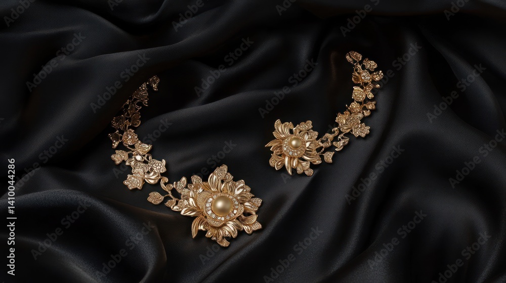 Gold floral necklace with pearl accents on black silk. Gold floral necklace with pearl accents on black silk.