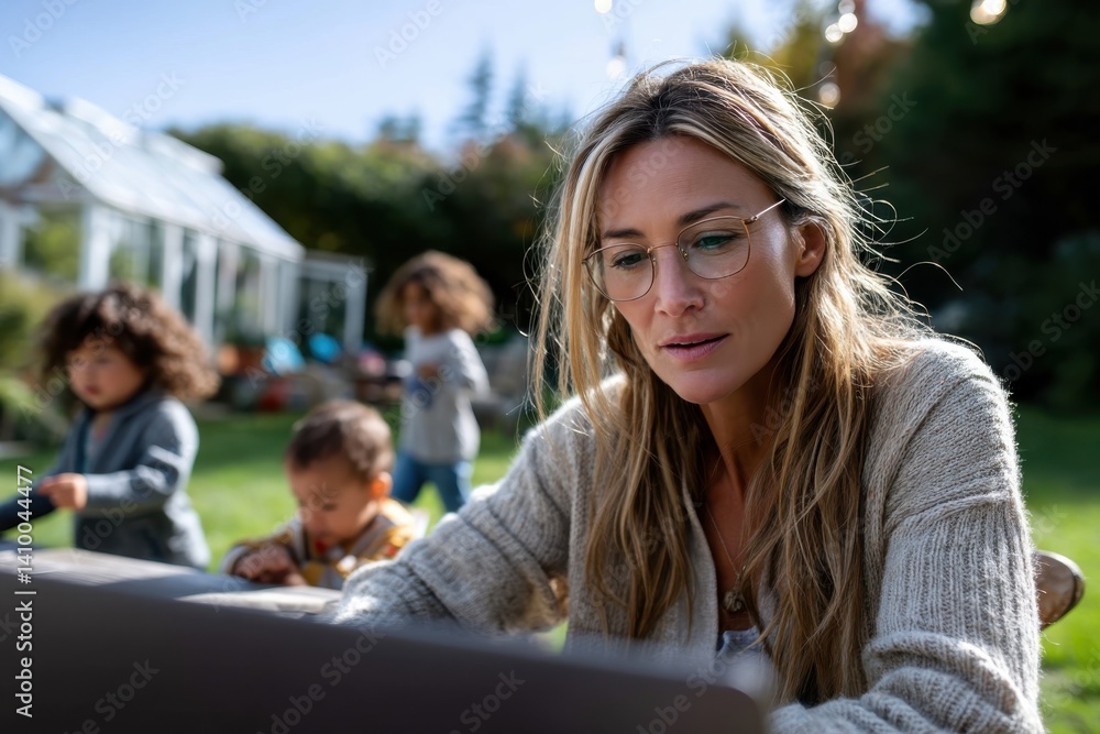 A serene woman engaged in work on her laptop amidst an outdoor environment, highlighting the harmony of nature and technology in a peaceful, nurturing atmosphere. A serene woman engaged in work on her laptop amidst an outdoor environment, highlighting the harmony of nature and technology in a peaceful, nurturing atmosphere.