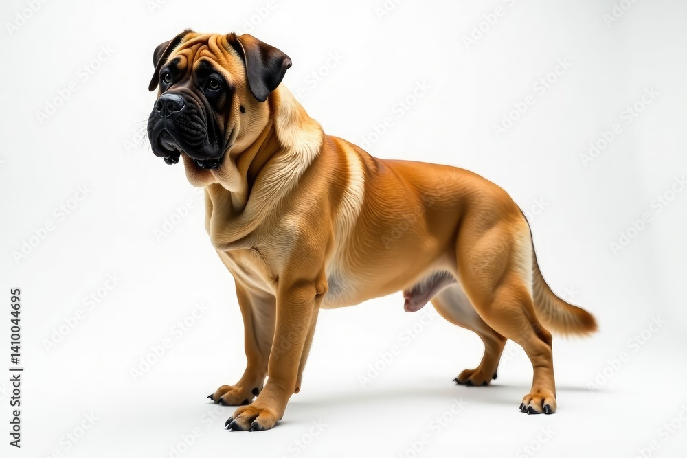 Fototapeta premium Majestic Mastiff, pure white background, powerful stance, majestic, animal, pet