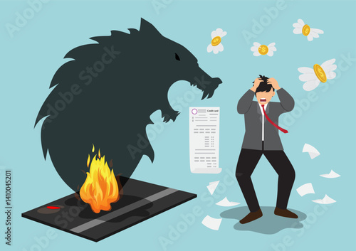 Credit card debt, financial problems, loan or repayment obligation, over spending or expenses, money problems flat vector illustration.
