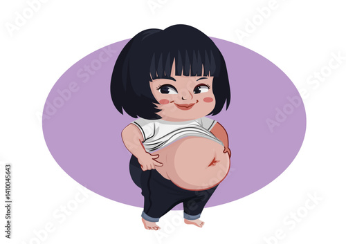 Cute woman cartoon feel fat. holidng her stomach. beauty healthcare Illustration