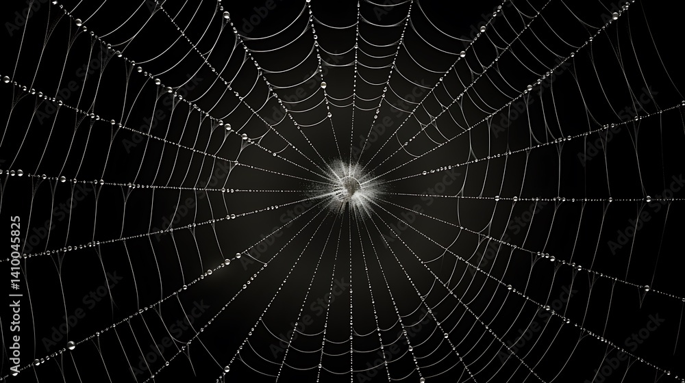 Naklejka premium Spiderweb covered dew drops with transparent background, close up intricate fine art