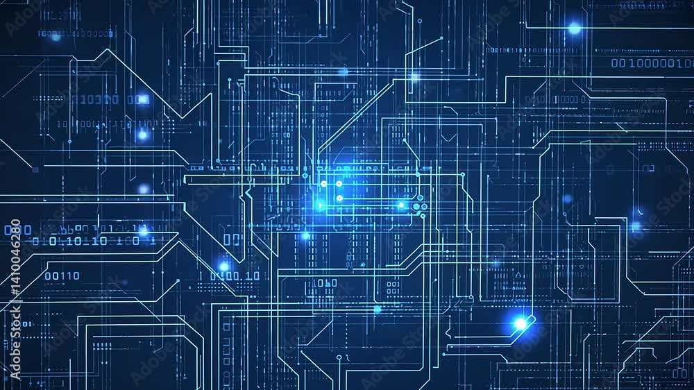 Abstract digital circuit board; glowing lines, binary code Abstract digital circuit board; glowing lines, binary code