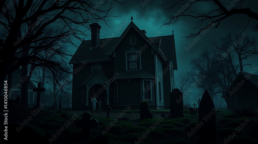 mysterious haunted house with a spooky grave and mossy bricks mysterious haunted house with a spooky grave and mossy bricks