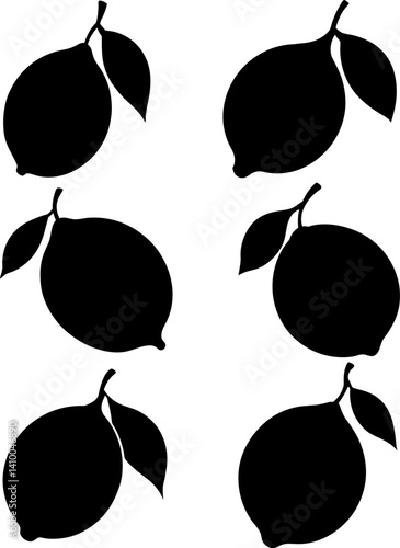 Lemon art vectors and Set of black fresh fruit with leaves icon silhouette collections
