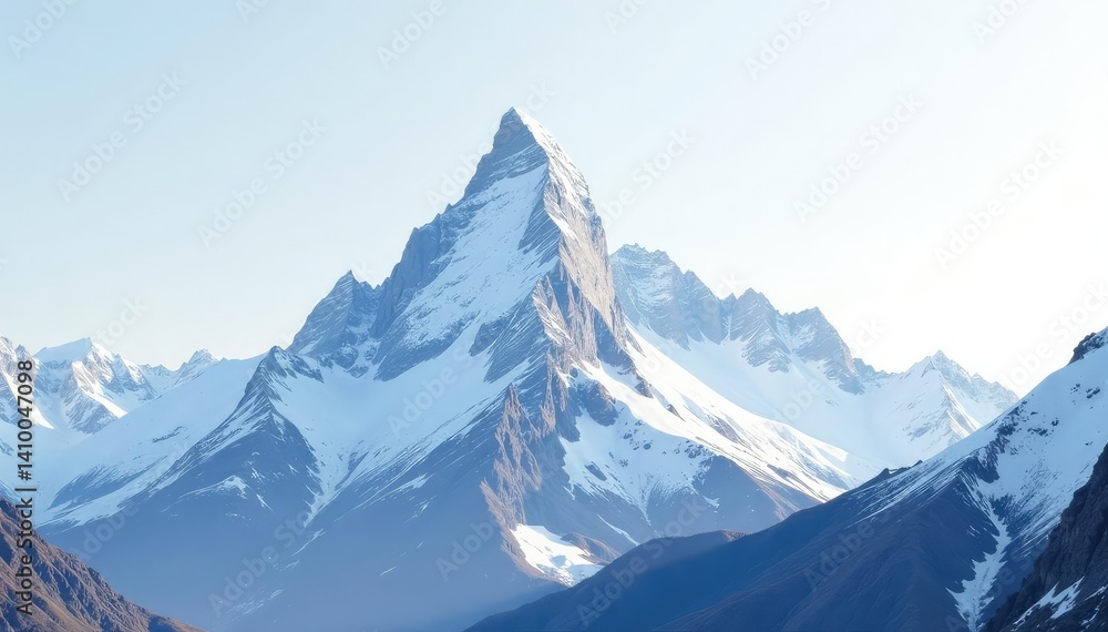 Fototapeta premium Snow-covered mountain peak against pristine white sky, rocks, high altitude, photography